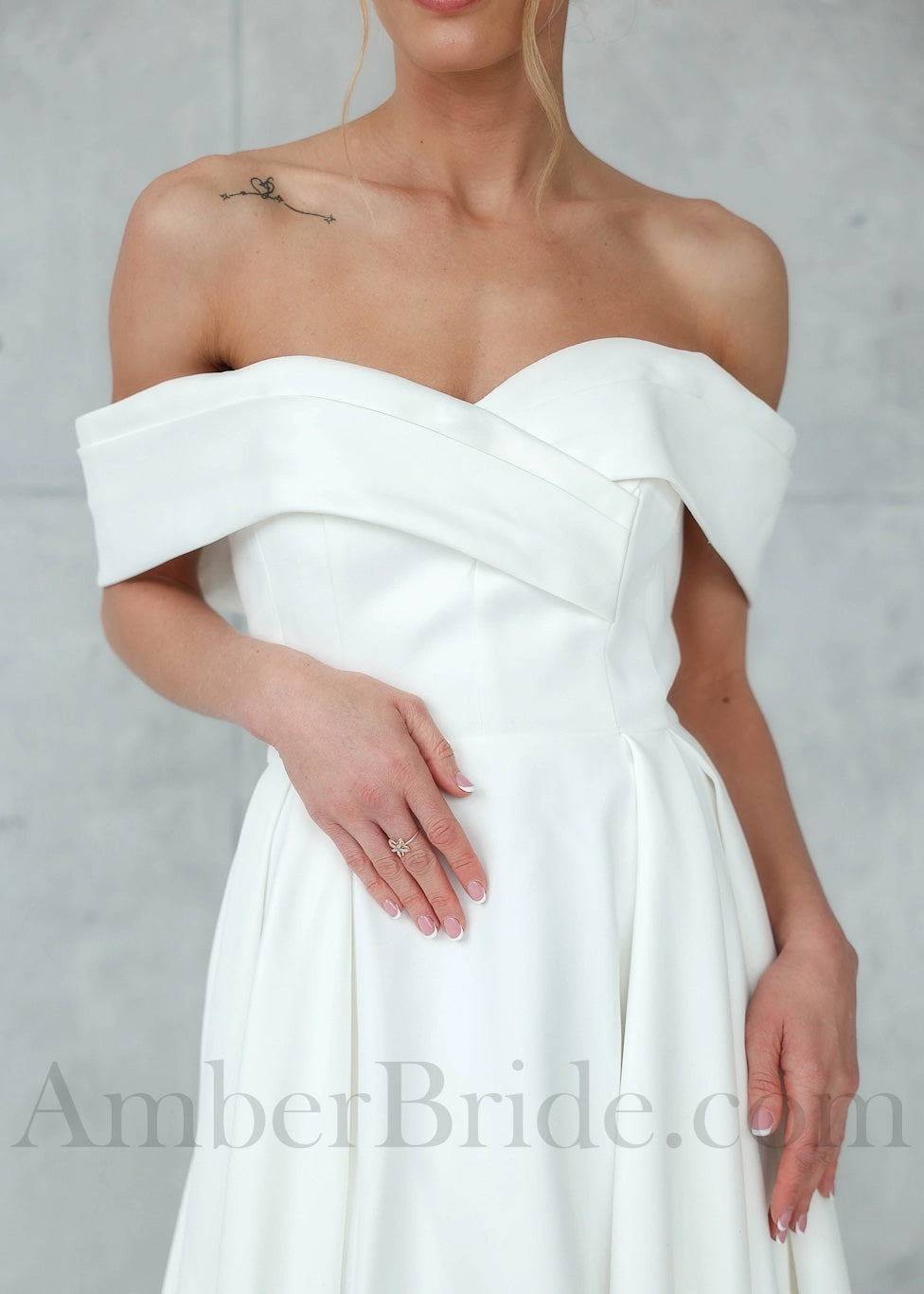 Simple Satin Off Shoulder A-Line Wedding Dress with Sweetheart Neckline