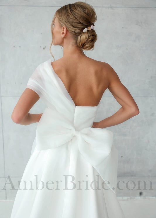 Exclusive Organza A Line Wedding Dress with a Bow and One Shoulder Design