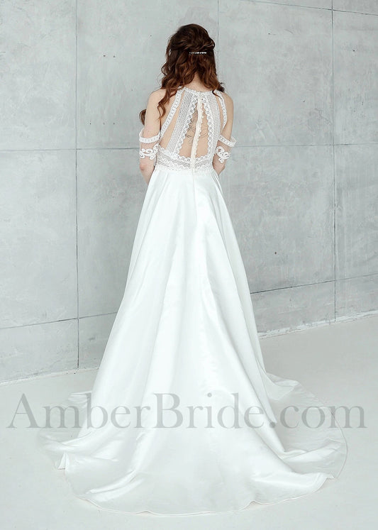 Boho A-Line High Neck Wedding Dress with Lace Top, Sleeveless Design, and Satin Skirt