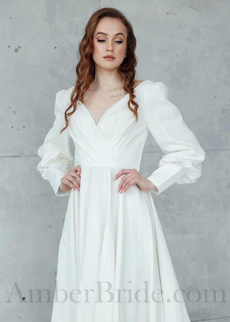 Elegant Satin A-Line Wedding Dress with Bishop Sleeves | AmberBride Elegant Satin A-Line Wedding Dress with Bishop Sleeves | AmberBride