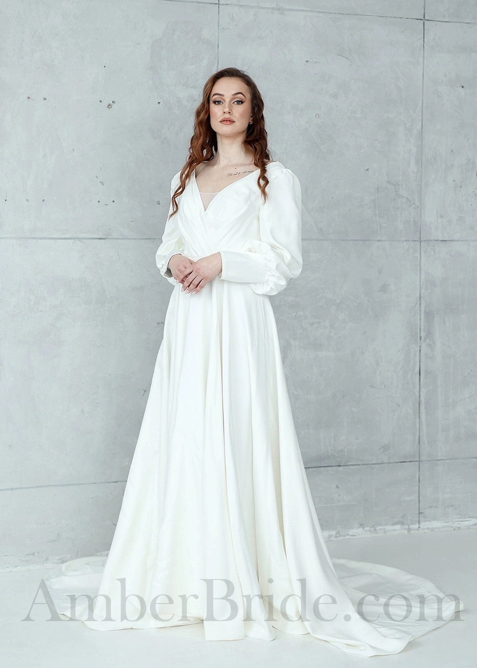 Elegant Satin A-Line Wedding Dress with Long Bishop Sleeves and V-Shape Open Back