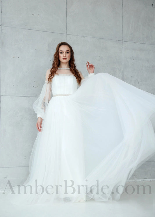 Boho A Line Long Bishop Sleeve Illusion Tulle Wedding Dress