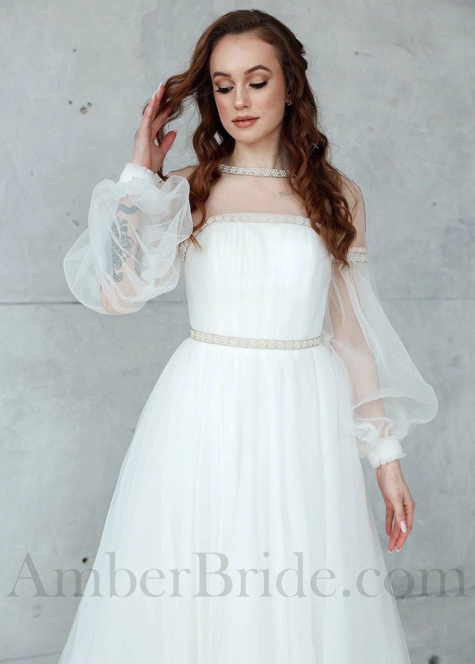 Boho A Line Long Bishop Sleeve Tulle Wedding Dress with Beaded Design