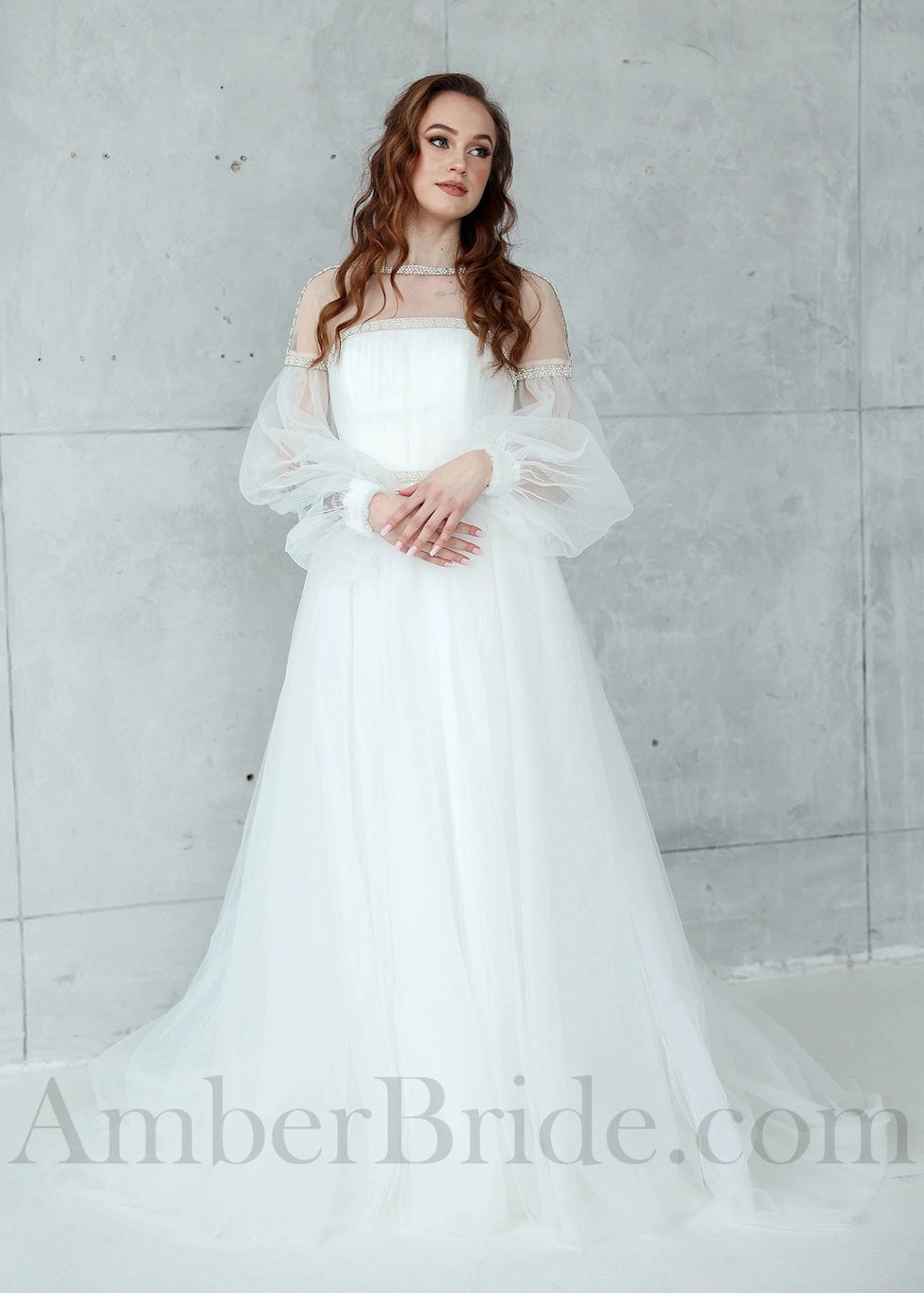Boho A Line Long Bishop Sleeve Illusion Tulle Wedding Dress