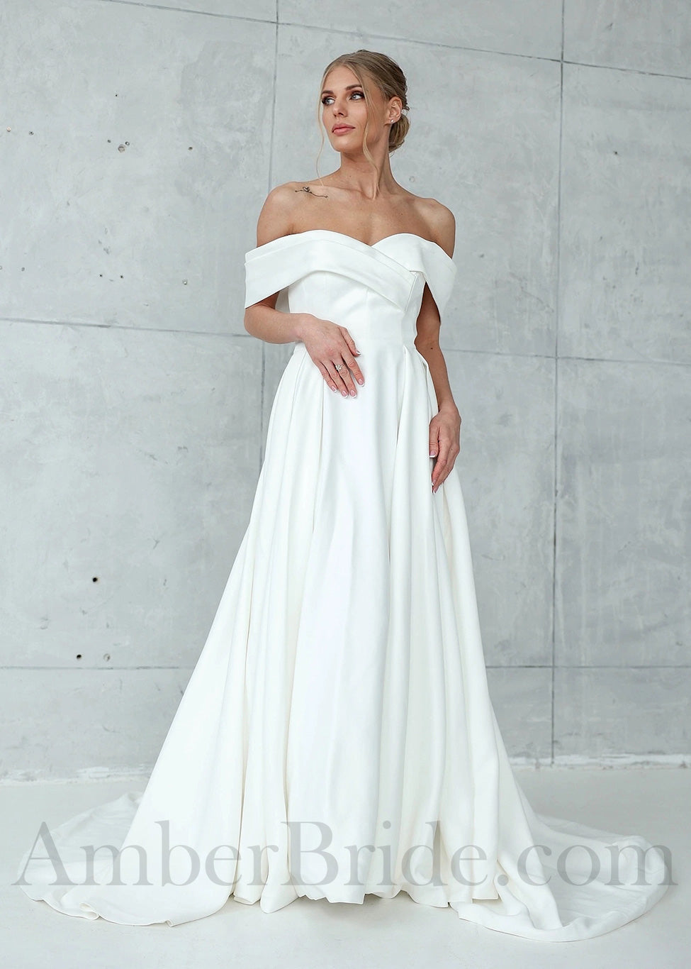 Simple Satin Off Shoulder A-Line Wedding Dress with Sweetheart Neckline