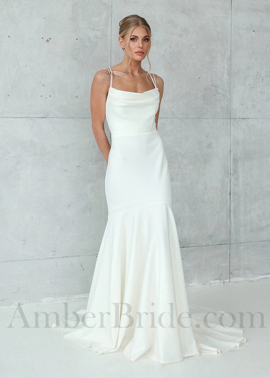 Simple Backless Soft and Stretchy Crepe Mermaid Wedding Dress with Spaghetti Straps