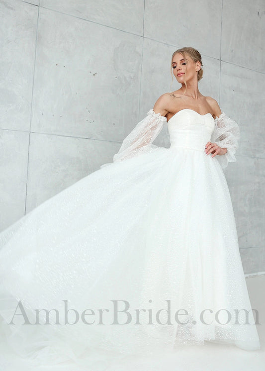 Glittery A-Line Wedding Dress with Detachable Puffy Sleeves and Corset