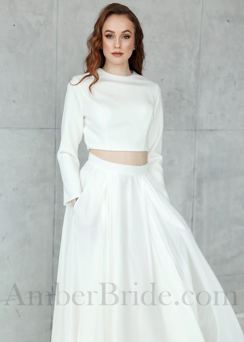 Simple 2-Piece Chiffon and Crepe Satin Wedding Dress with Long Sleeves