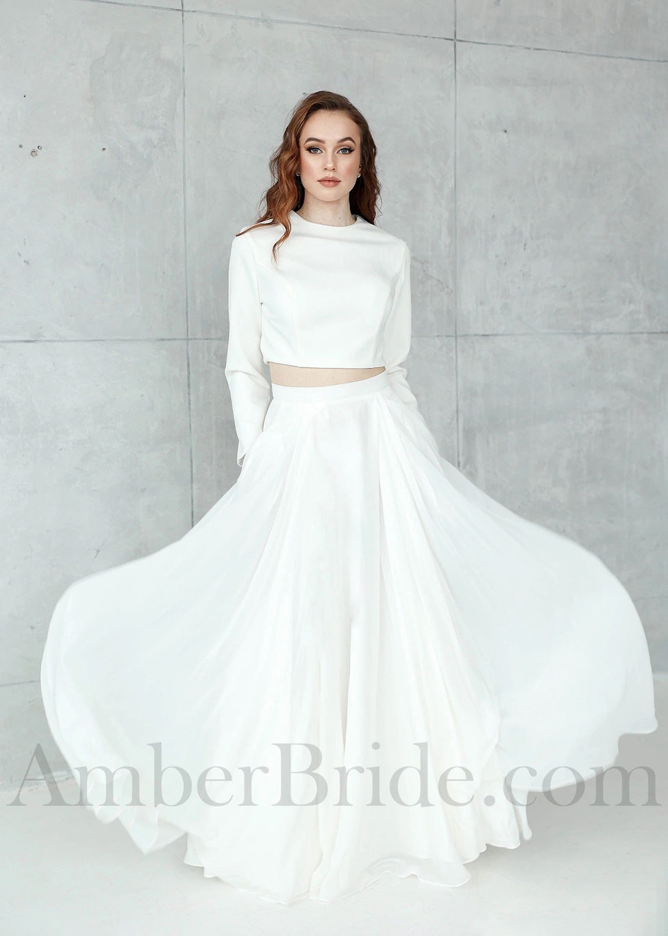 Simple 2-Piece Chiffon and Crepe Satin Wedding Dress with Long Sleeves