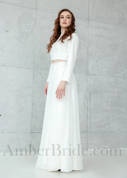 Simple 2-Piece Chiffon and Crepe Satin Wedding Dress with Long Sleeves