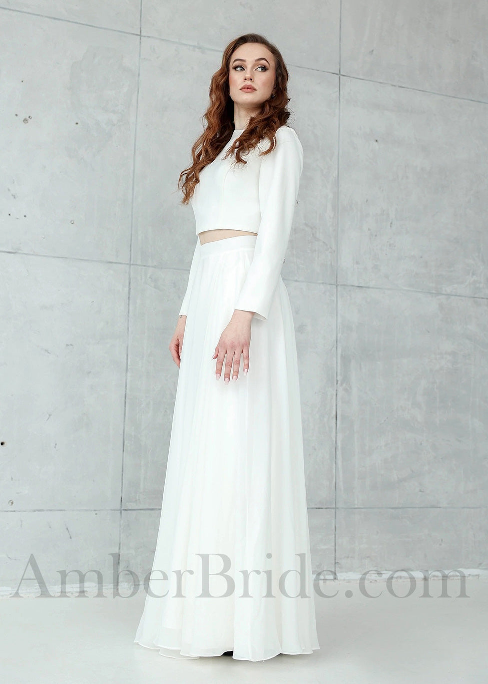 Simple 2-Piece Chiffon and Crepe Satin Wedding Dress with Long Sleeves