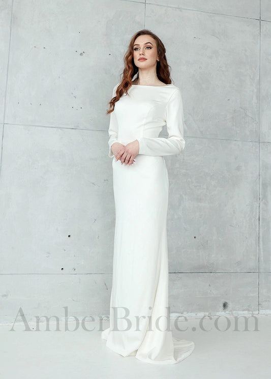 Minimalist Satin Sheath Wedding Dress with Long Sleeves Backless Design