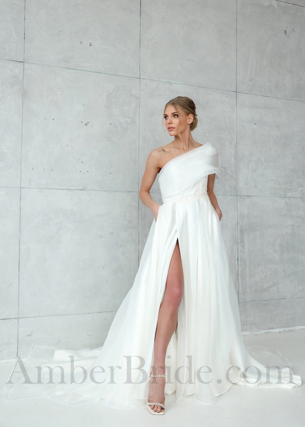 Exclusive Organza A Line Wedding Dress with a Bow and One Shoulder Design