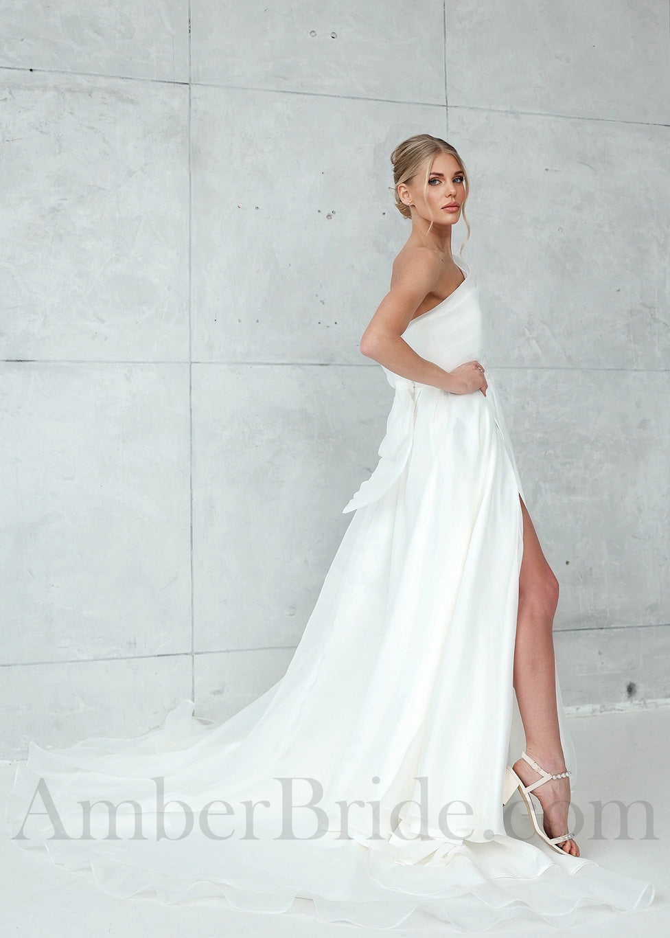 Exclusive Organza A Line Wedding Dress with a Bow and One Shoulder Design