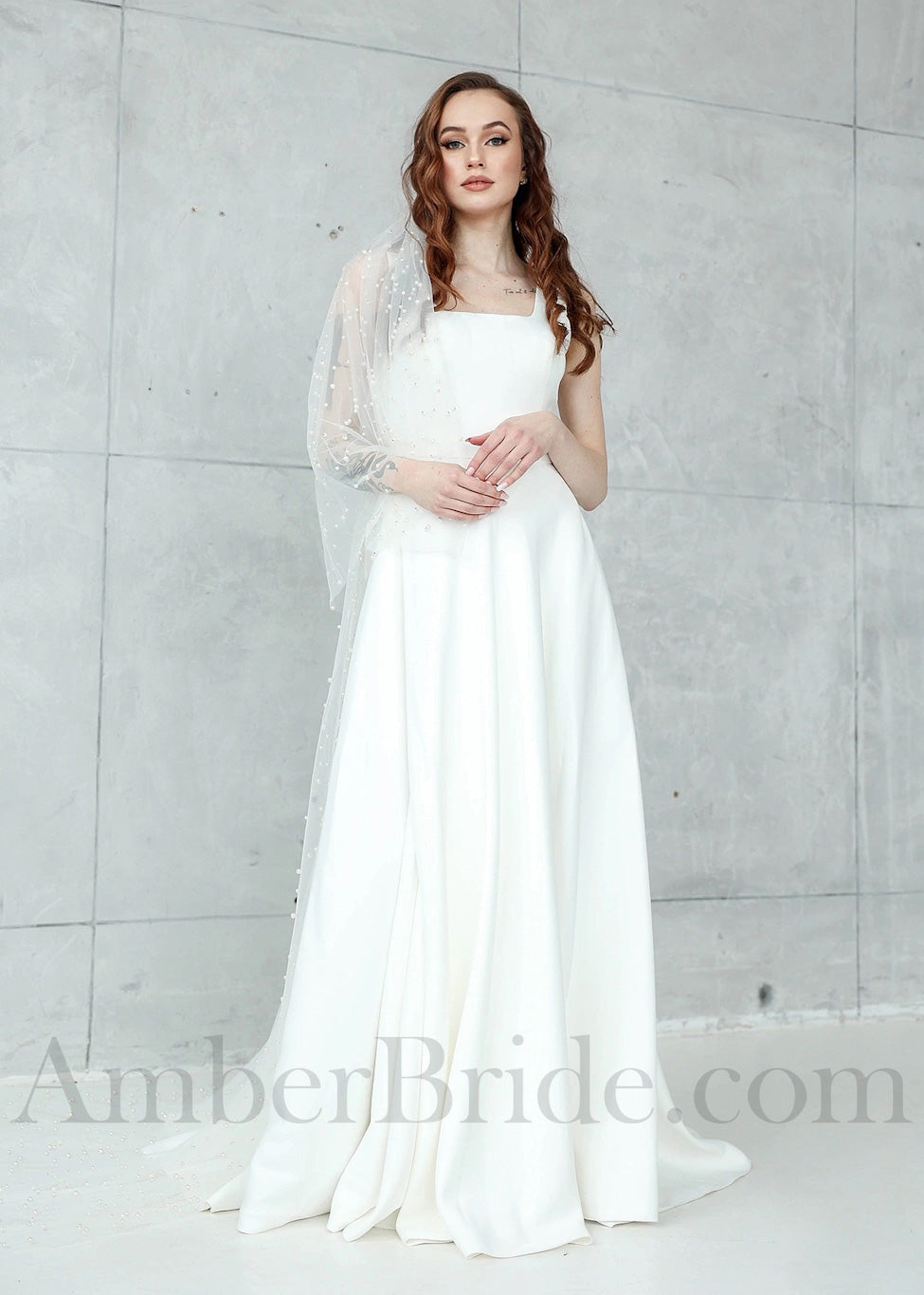 Classic A-Line Satin Wedding Dress with Square Neckline and Open V-Shape Back