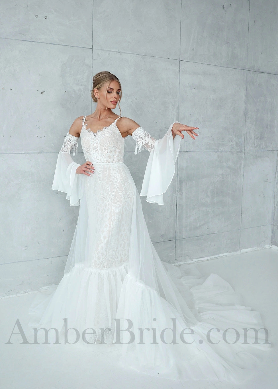 Elegant Two-Piece A-Line Tulle Wedding Dress with Off-Shoulder Long Sleeved  Top