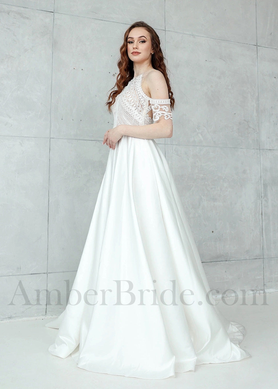 Boho A-Line High Neck Wedding Dress with Lace Top, Sleeveless Design, and Satin Skirt