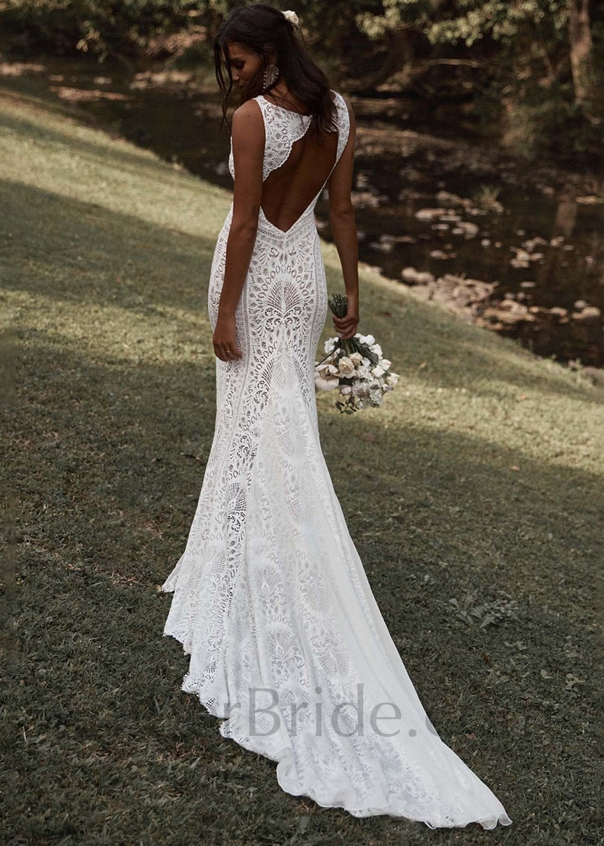 Boho A Line Backless Floral Pattern Lace Wedding Dress - AmberBride