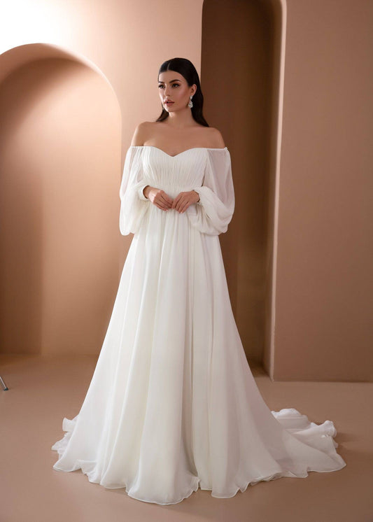 Boho A Line Backless Long Puffy Sleeve Chiffon Wedding Dress - AmberBride