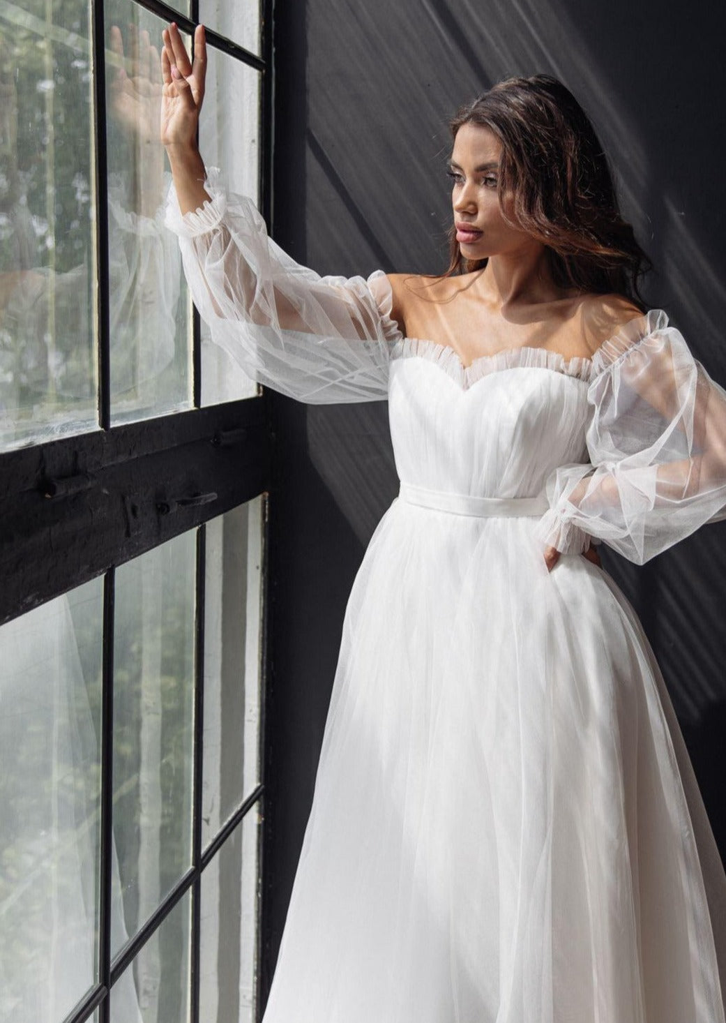 Boho A Line Country Style Puffy Sleeve Tulle Wedding Dress - AmberBride