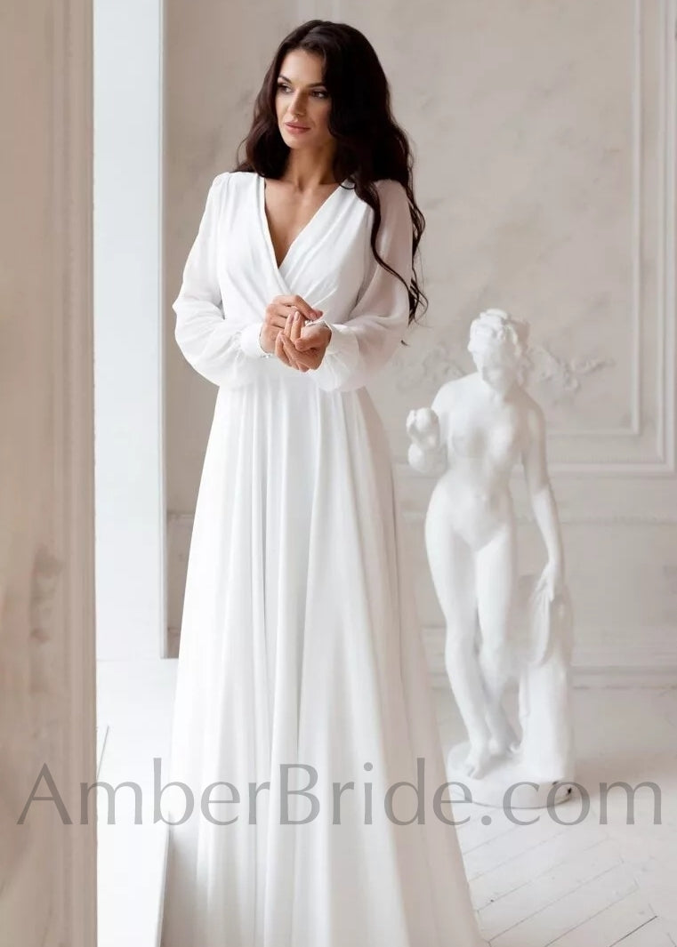 Boho A Line Long Bishop Sleeve Chiffon Wedding Dress - AmberBride