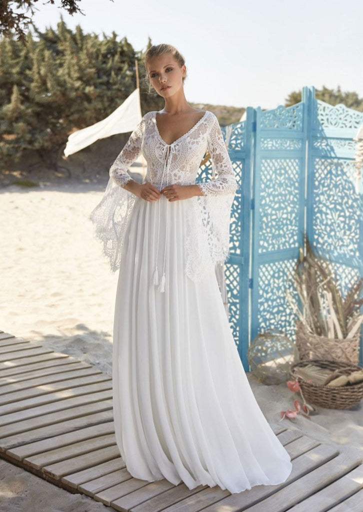 Boho A Line Long Sleeve Backless Lace Wedding Dress - AmberBride