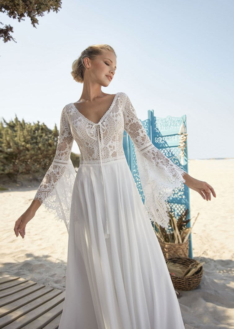 Boho A Line Long Sleeve Backless Lace Wedding Dress - AmberBride