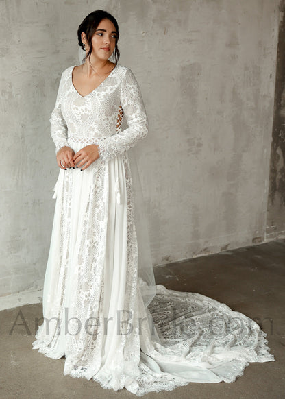 Boho A Line Long Sleeve Floral Pattern Lace Wedding Dress - AmberBride