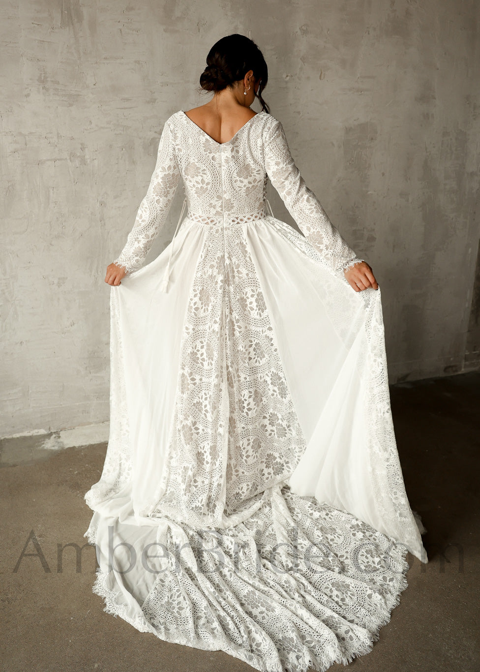 Boho A Line Long Sleeve Floral Pattern Lace Wedding Dress - AmberBride