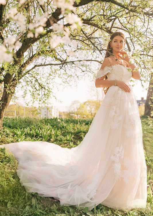 Boho A Line Off The Shoulder Floral Tulle Wedding Dress - AmberBride
