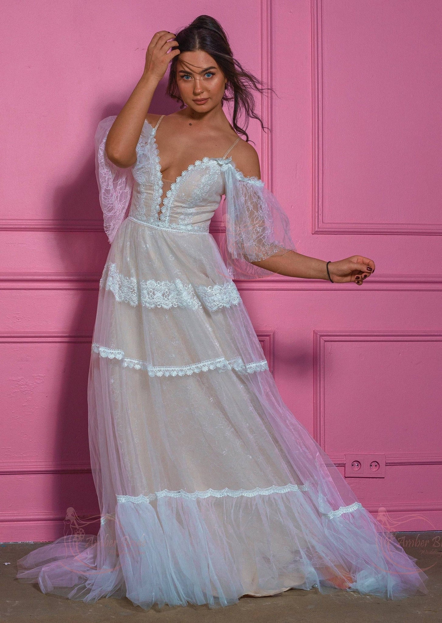 Boho A Line Off The Shoulder Satin And Tulle Wedding Dress - AmberBride