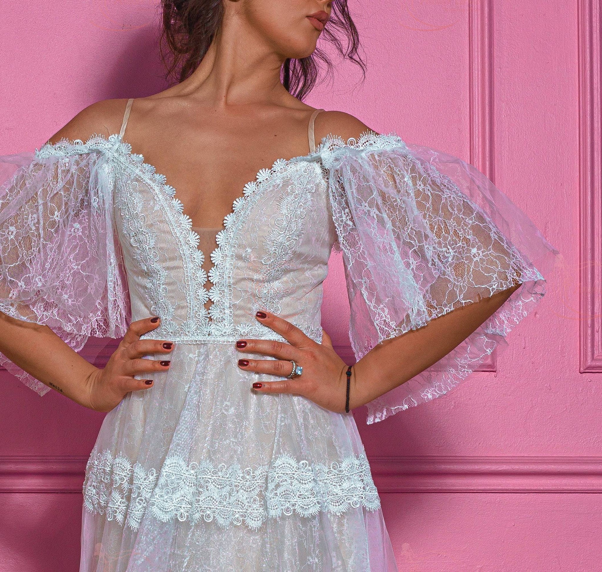 Boho A Line Off The Shoulder Satin And Tulle Wedding Dress - AmberBride