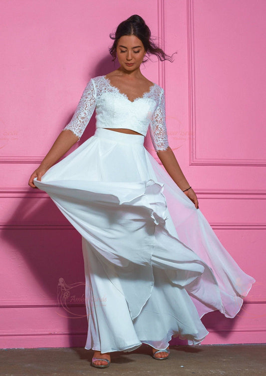 Boho A Line Two Piece Half Sleeve Lace And Chiffon Wedding Dress - AmberBride