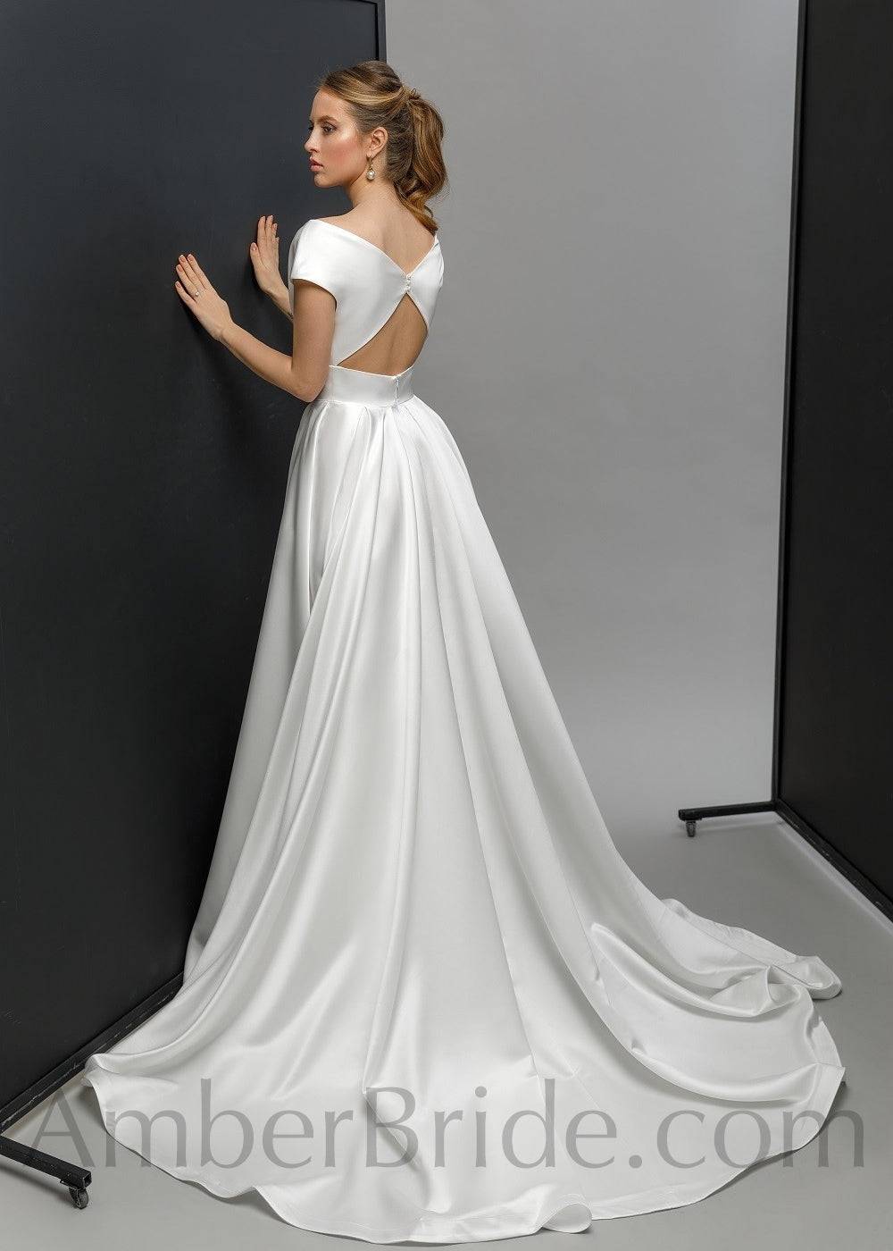 Exclusive A Line Backless High Slit Satin Wedding Dress - AmberBride