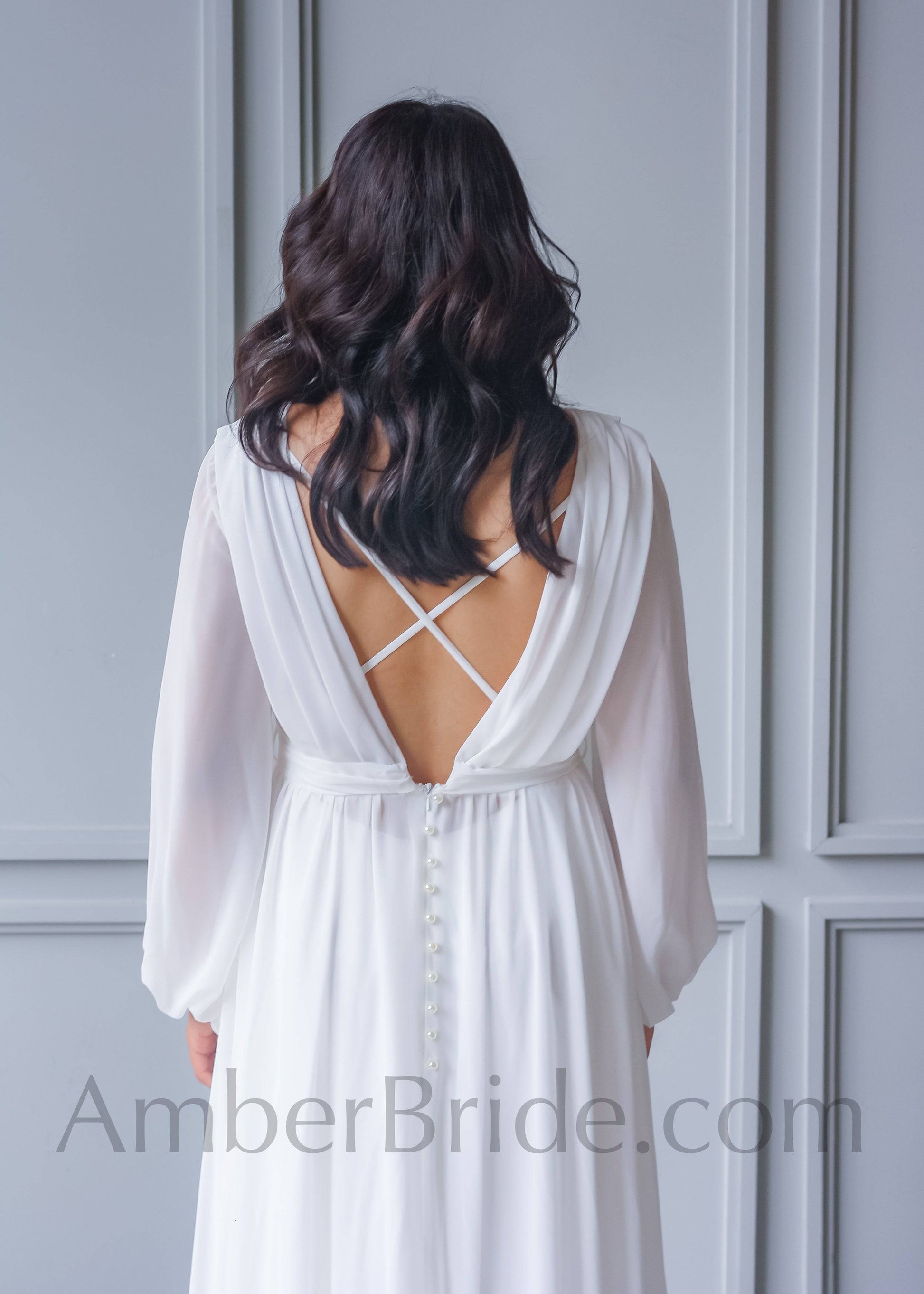 Exclusive A Line Long Puffy Sleeve Backless Chiffon Wedding Dress - AmberBride