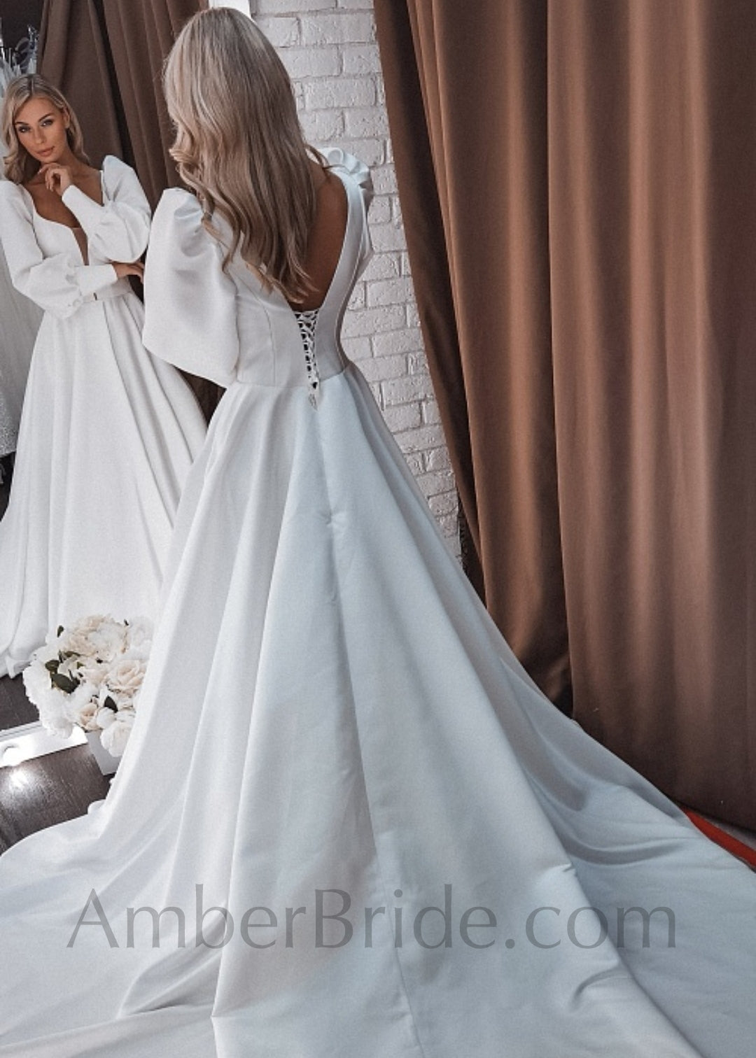 Exclusive A Line Long Puffy Sleeve Corset Satin Wedding Dress - AmberBride