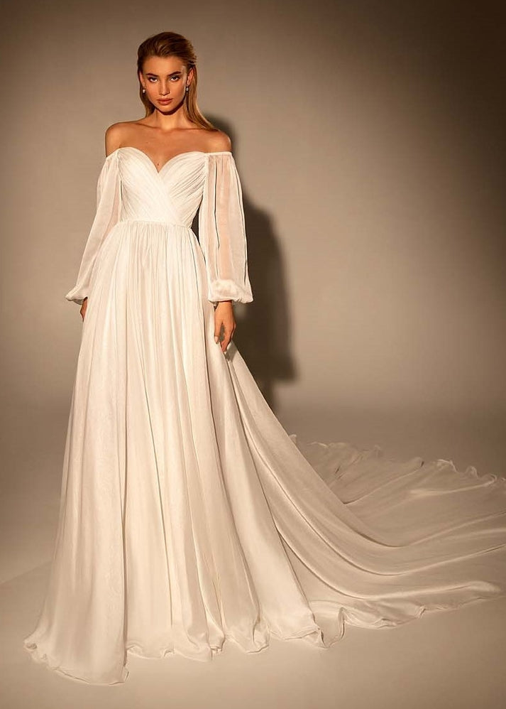 Exclusive A Line Long Puffy Sleeve Pleated Chiffon Wedding Dress - AmberBride