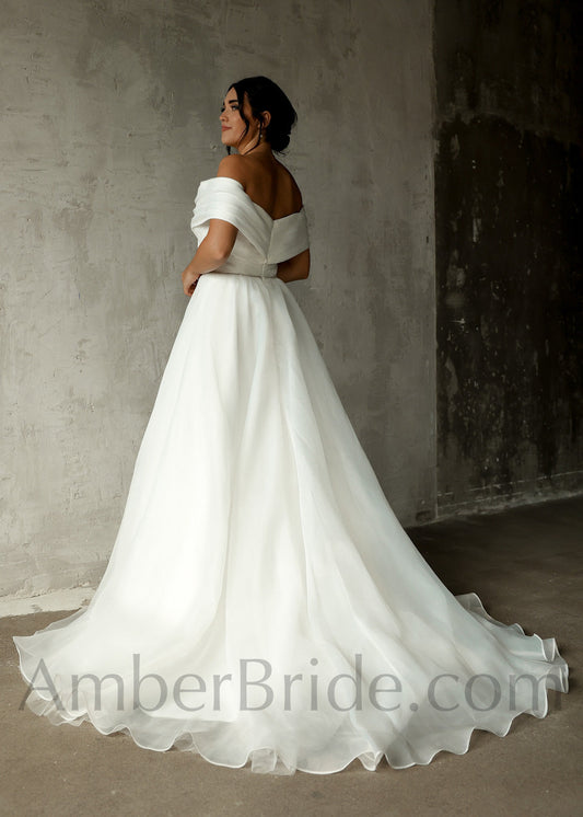 Exclusive A Line Off The Shoulder Slit Organza Wedding Dress - AmberBride