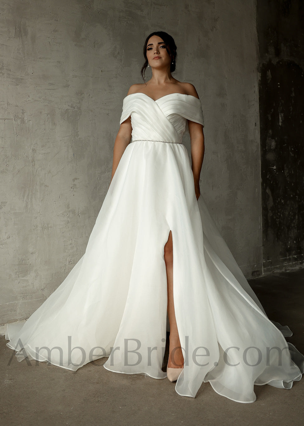 Exclusive A Line Off The Shoulder Slit Organza Wedding Dress - AmberBride