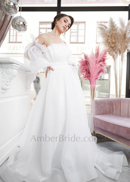 Exclusive A Line Strapless Attachable Sleeve Organza Wedding Dress - AmberBride