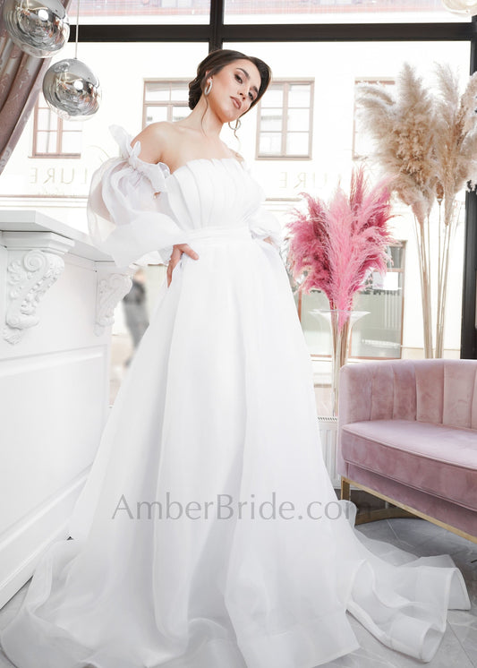 Exclusive A Line Strapless Attachable Sleeve Organza Wedding Dress - AmberBride