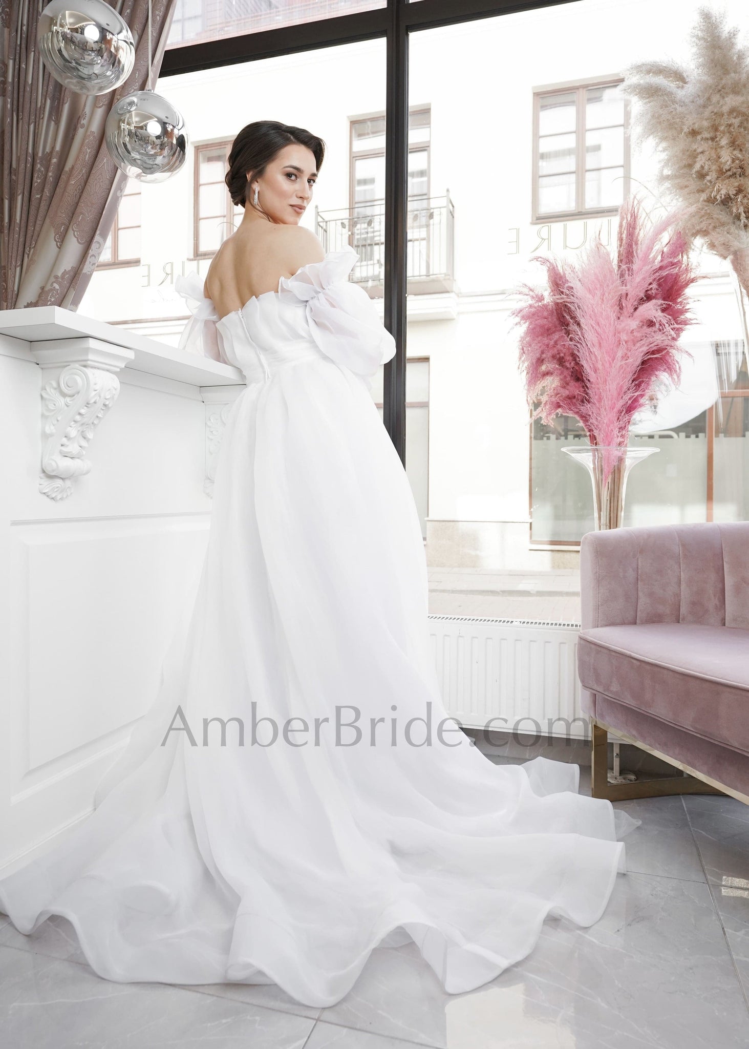 Exclusive A Line Strapless Attachable Sleeve Organza Wedding Dress - AmberBride