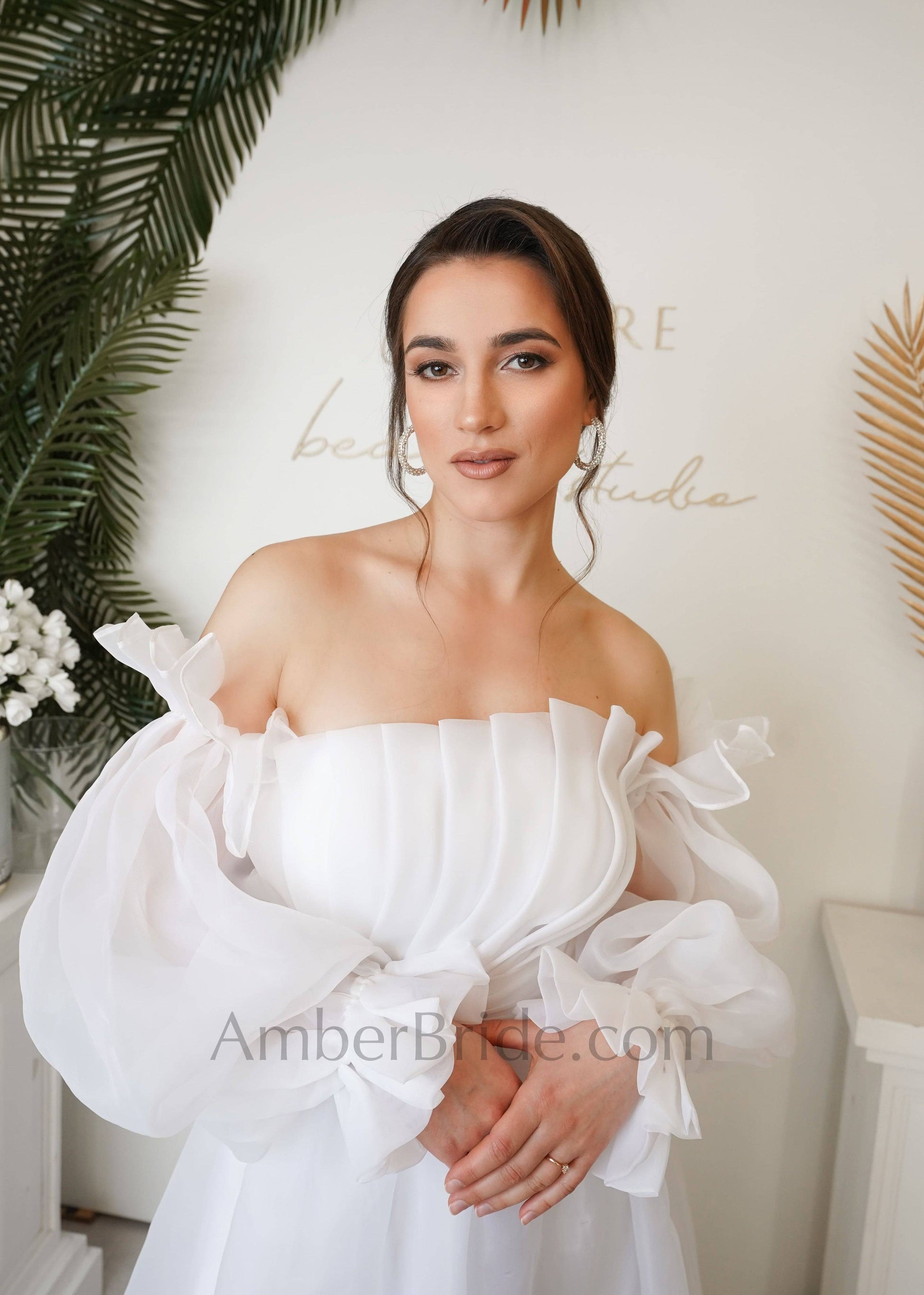 Exclusive A Line Strapless Attachable Sleeve Organza Wedding Dress - AmberBride