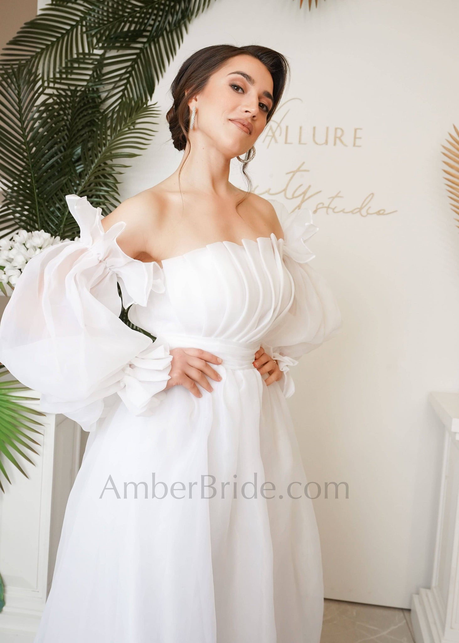 Exclusive A Line Strapless Attachable Sleeve Organza Wedding Dress - AmberBride