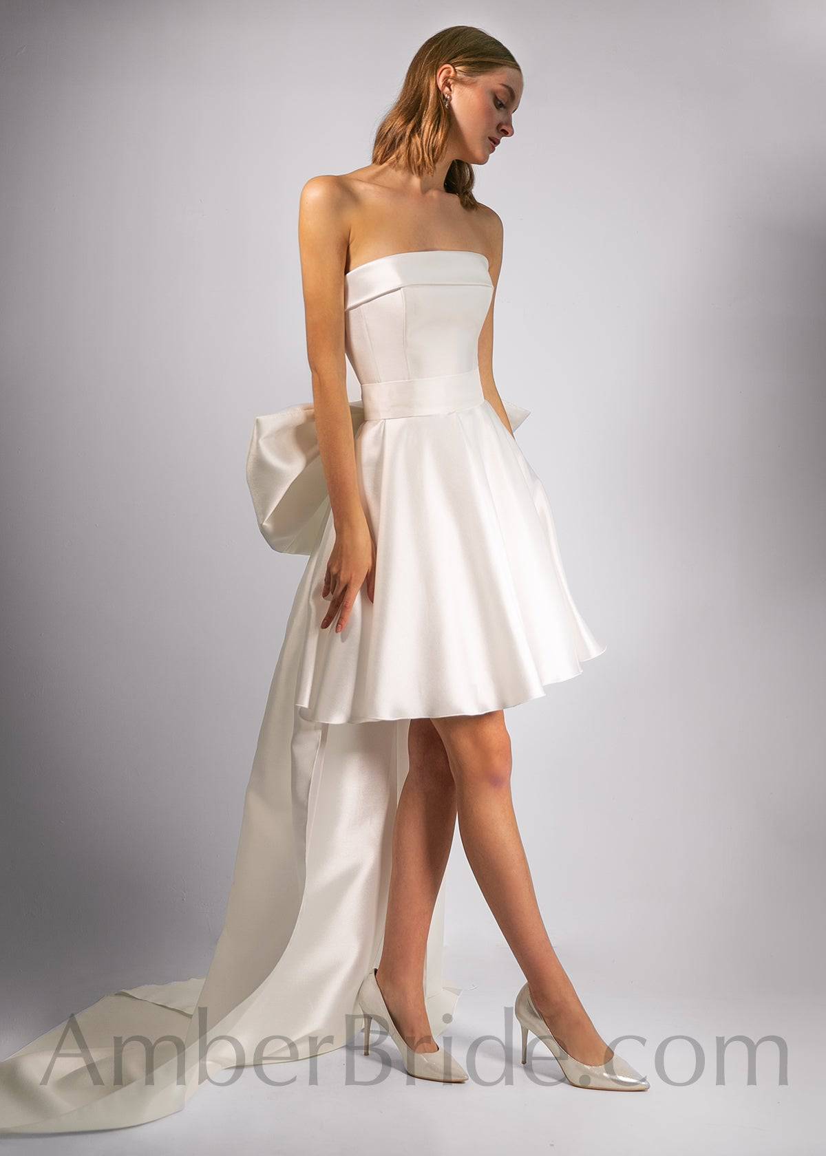 Exclusive A Line Strapless Short Satin Wedding Dress With A Bow - AmberBride