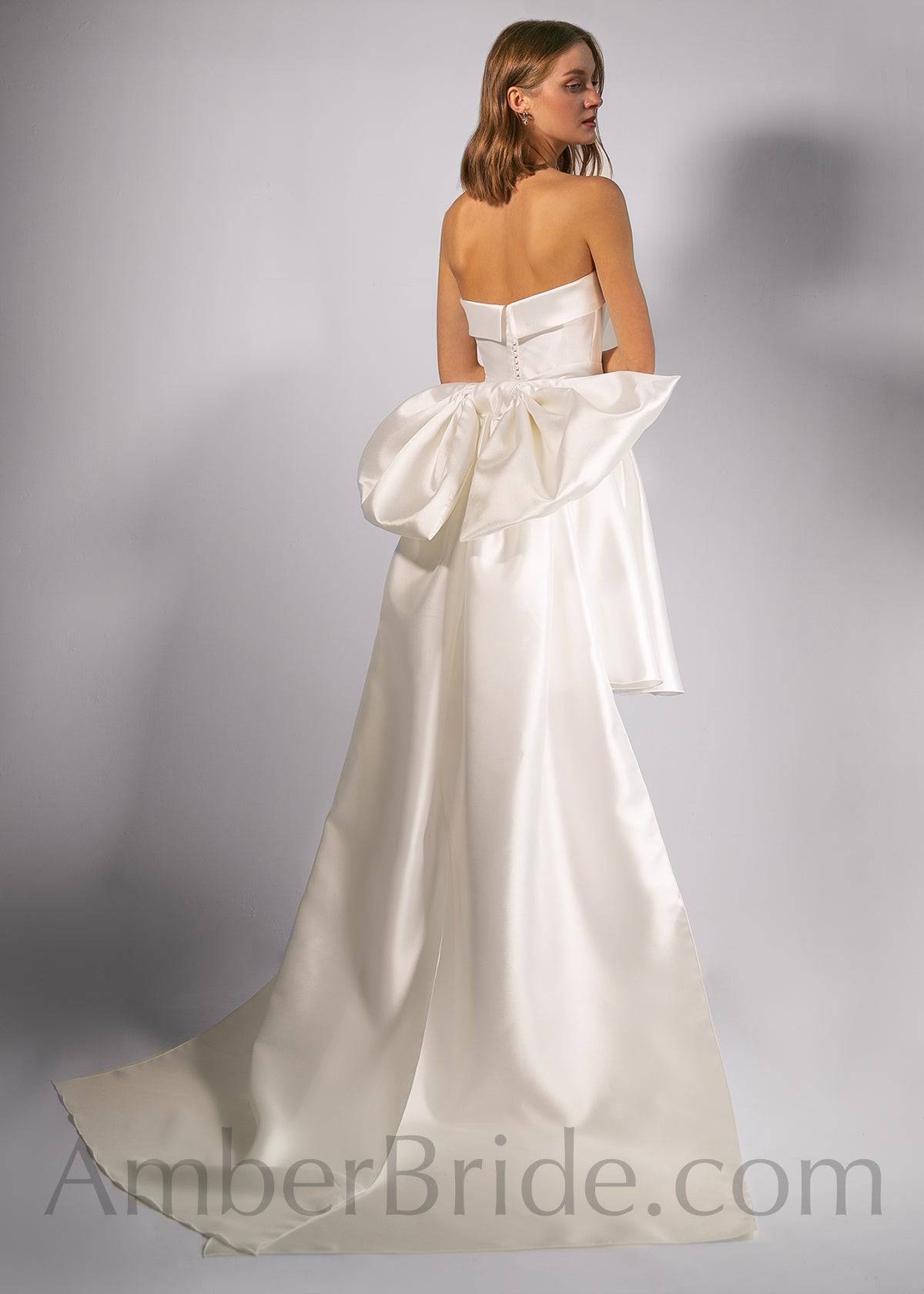 Exclusive A Line Strapless Short Satin Wedding Dress With A Bow - AmberBride