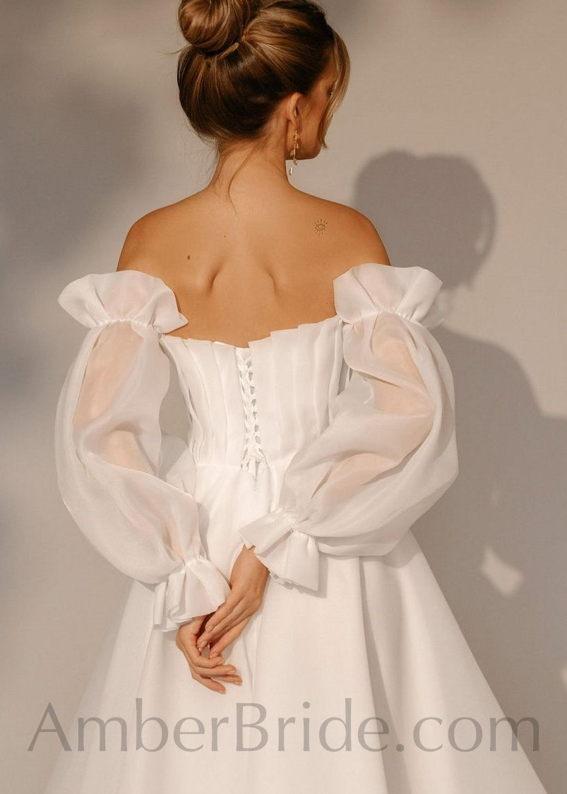 Exclusive A Line Tea Length Short Organza Corset Wedding Dress - AmberBride