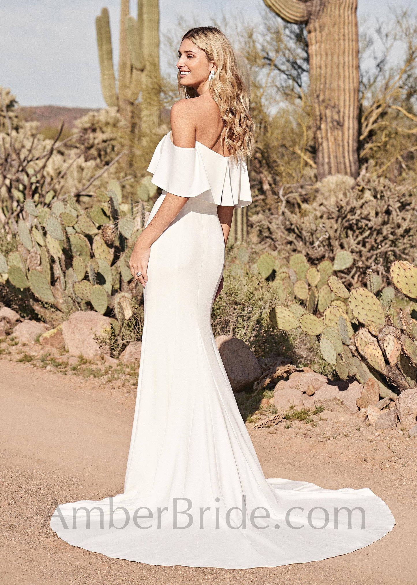 Exclusive Mermaid Off The Shoulder Straight Neck Crepe Wedding Dress - AmberBride