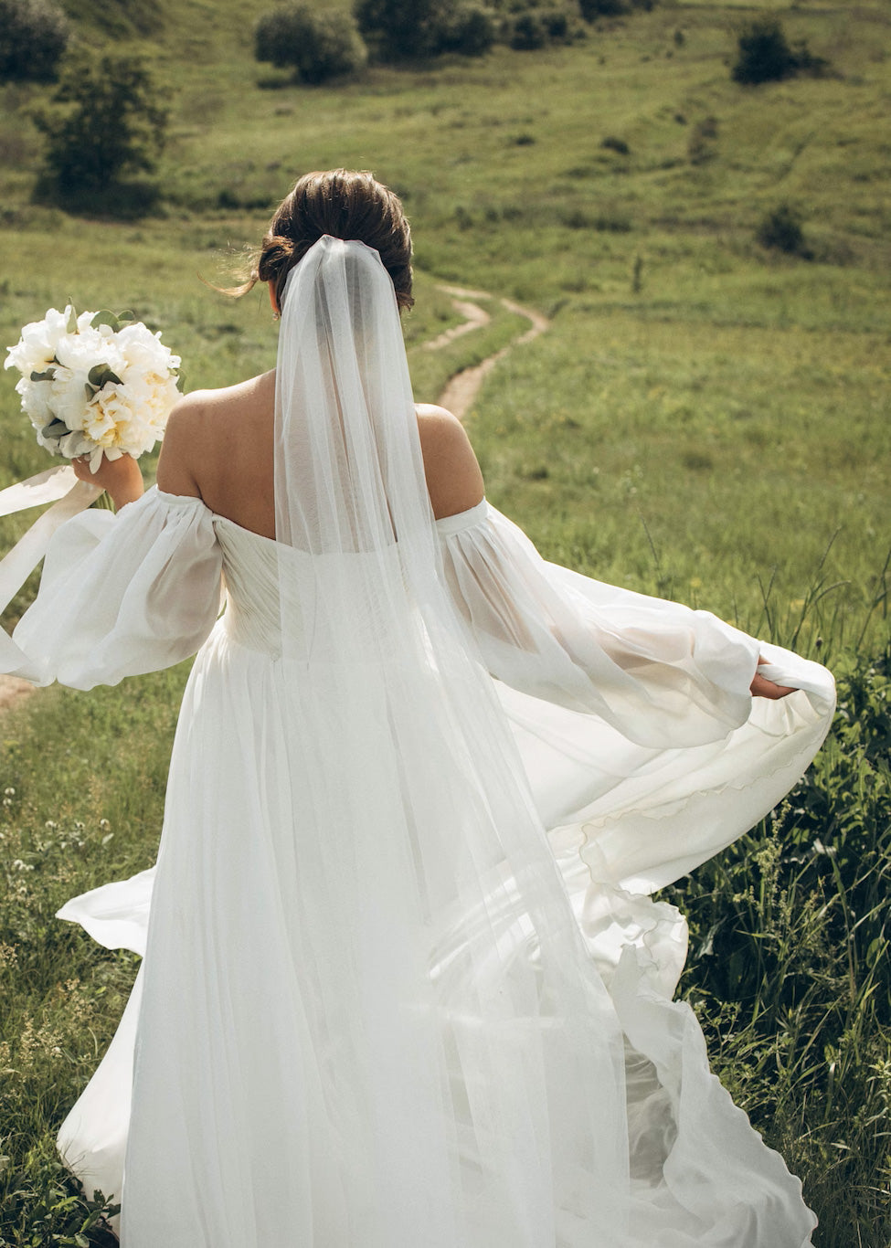 Boho A-Line Wedding Dress with Pleated Chiffon and Long Puffy Sleeves