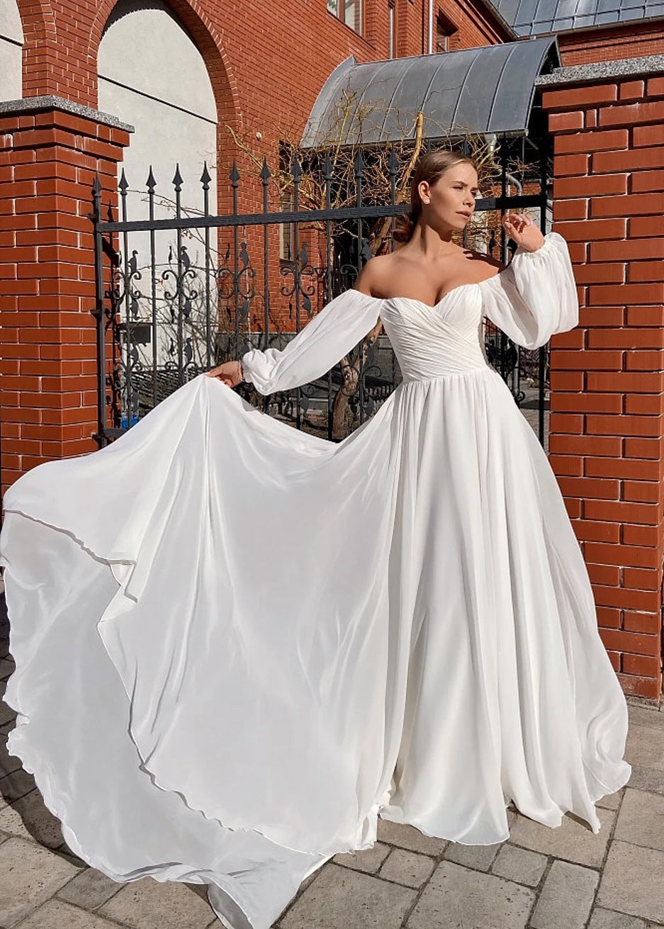 Boho A-Line Wedding Dress with Pleated Chiffon and Long Puffy Sleeves